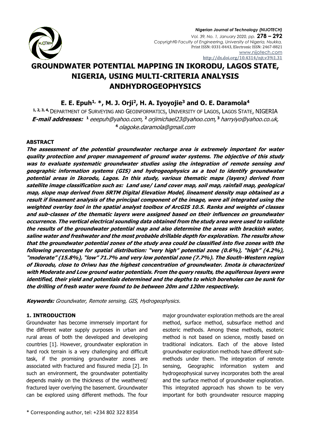 Groundwater Potential Mapping in Ikorodu, Lagos State, Nigeria, Using Multi-Criteria Analysis Andhydrogeophysics