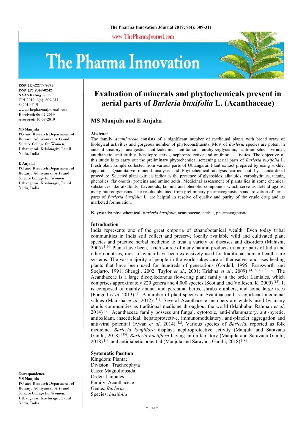 Evaluation of Minerals and Phytochemicals Present in Aerial Parts of Barleria Buxifolia L. (Acanthaceae)