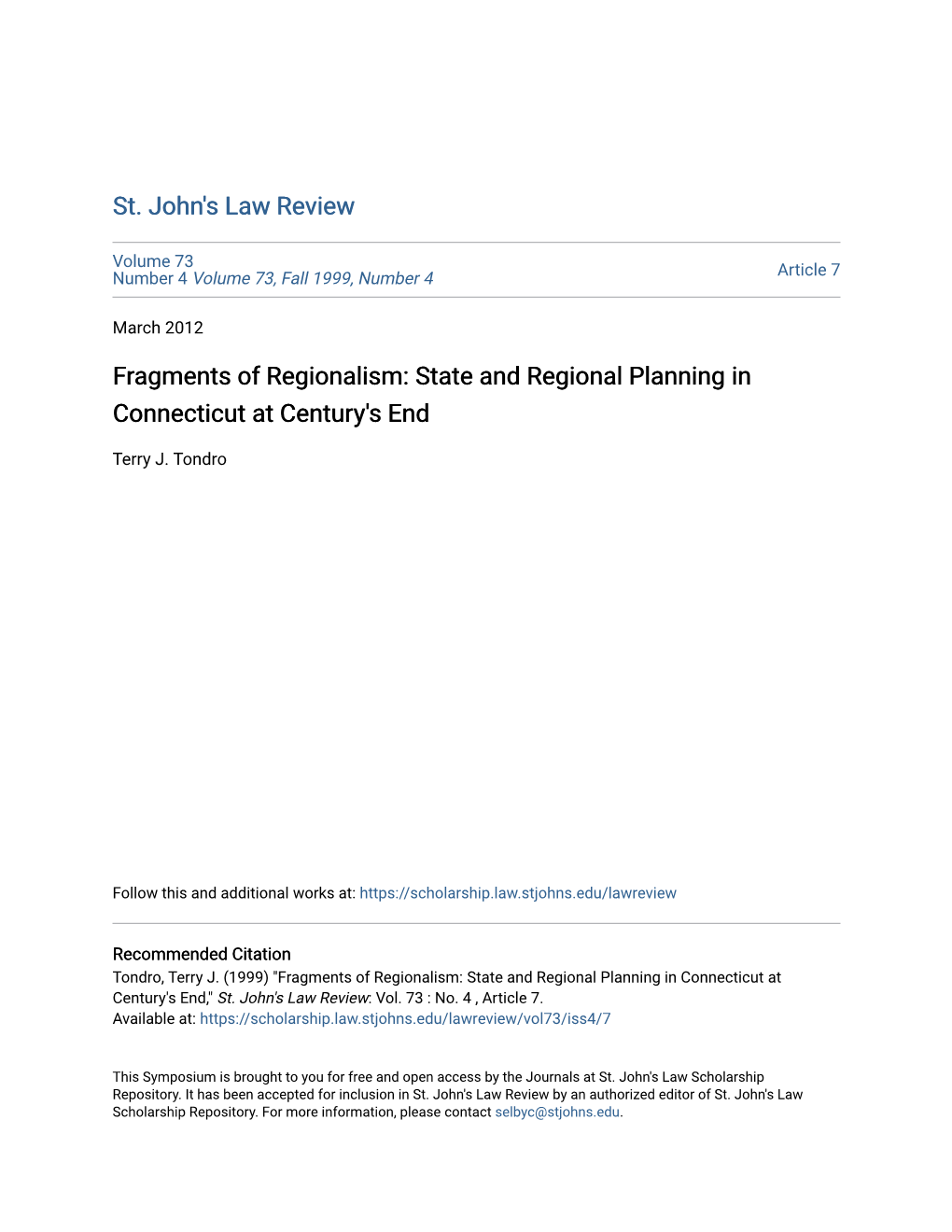 State and Regional Planning in Connecticut at Century's End