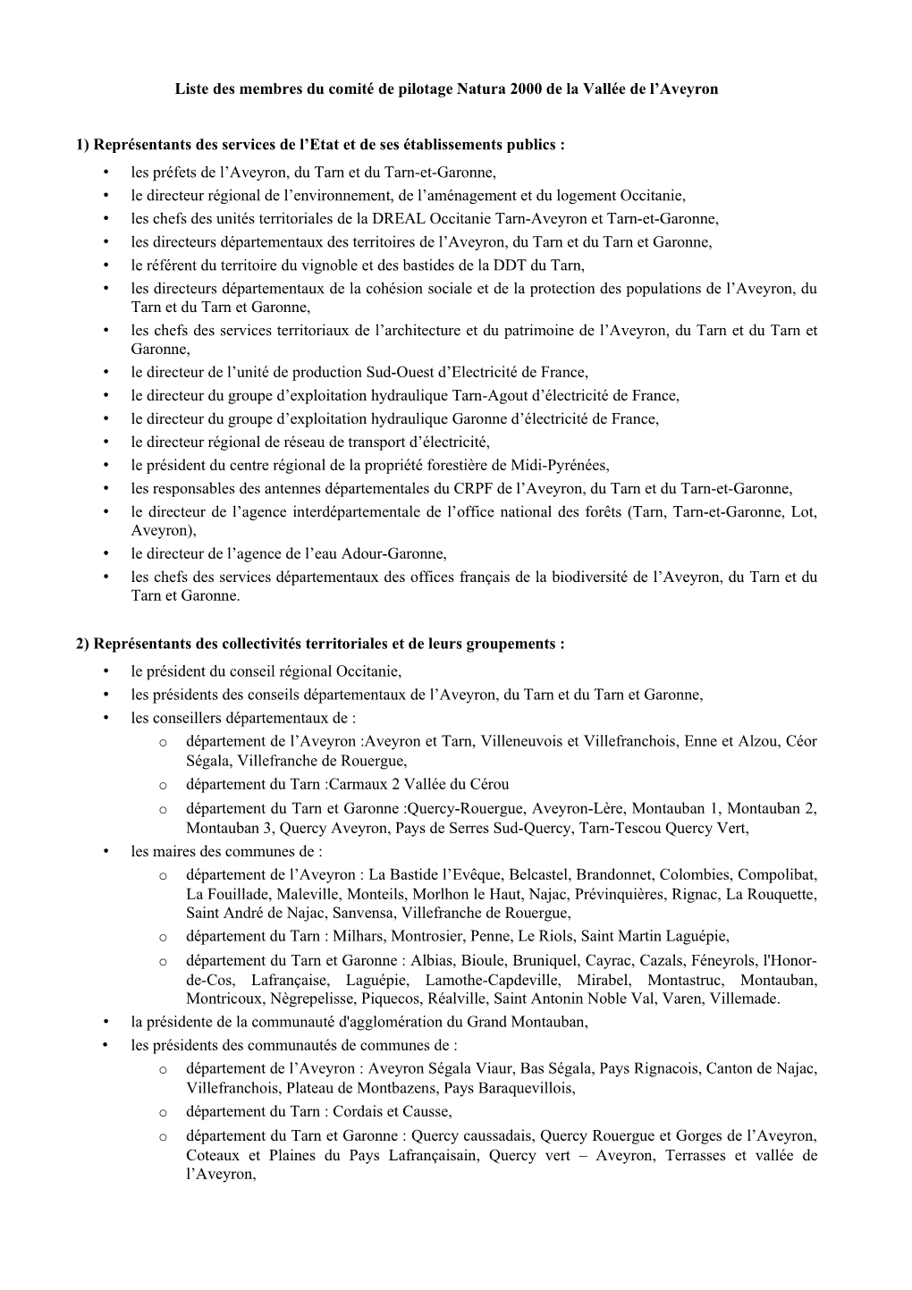 Liste Des Membres Du Comité De Pilotage Natura 2000 De La Vallée De L’Aveyron