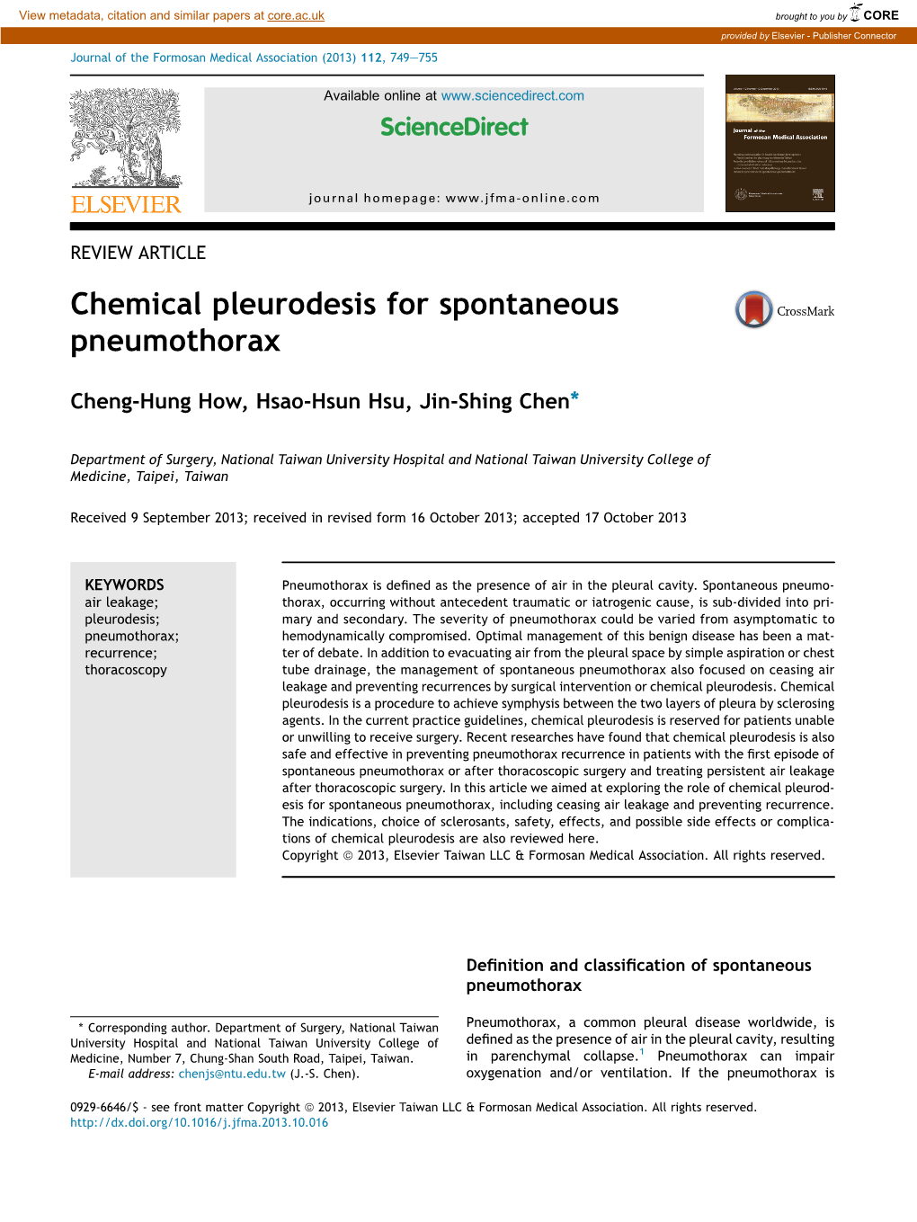 Chemical Pleurodesis for Spontaneous Pneumothorax