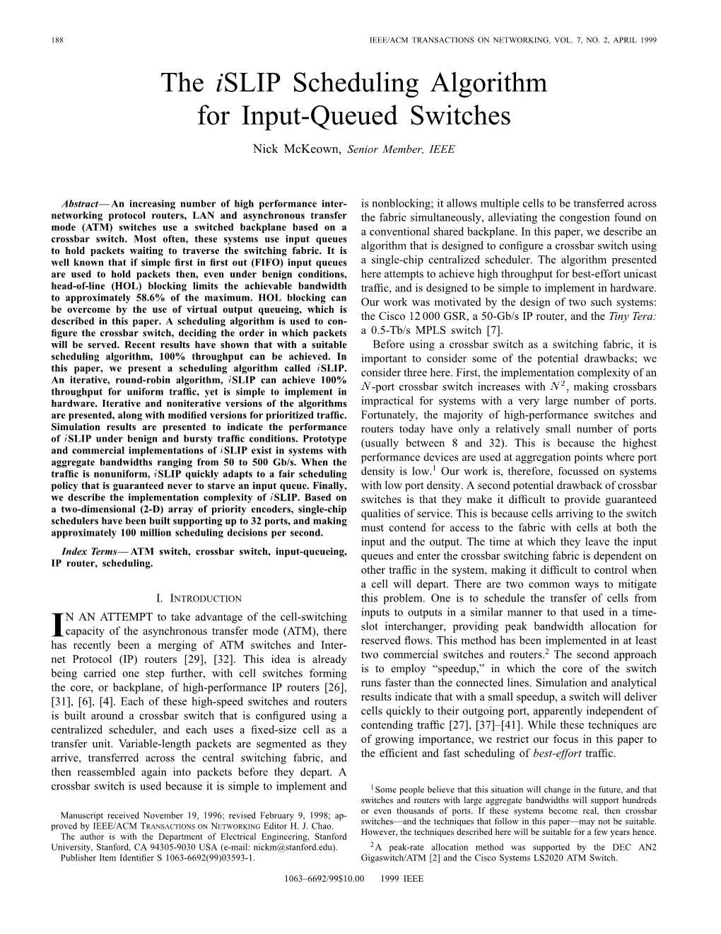 The Islip Scheduling Algorithm for Input-Queued Switches