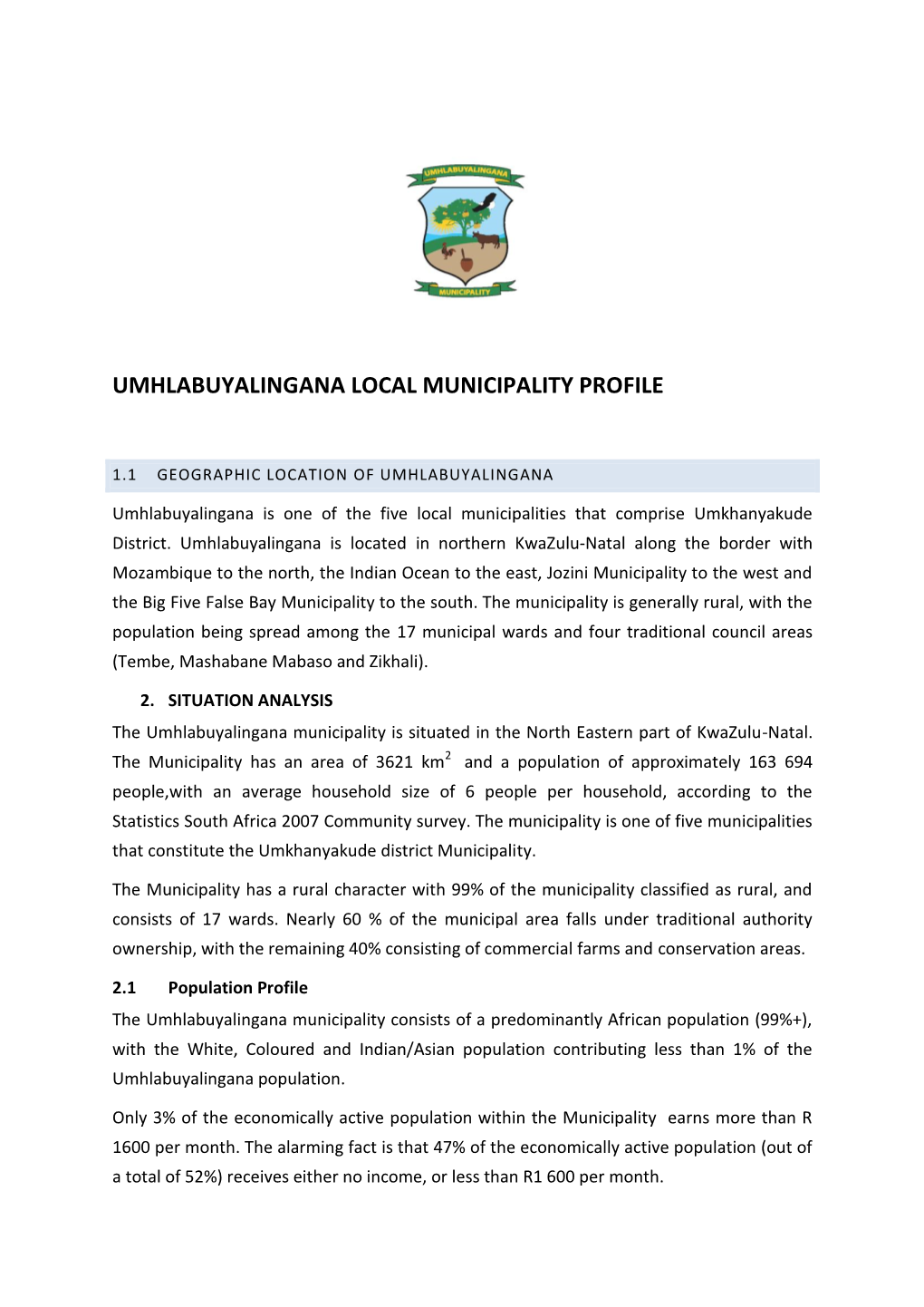 Umhlabuyalingana Local Municipality Profile
