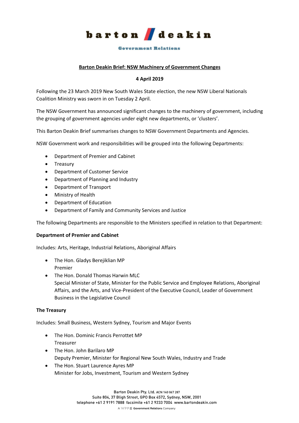 NSW Machinery of Government Changes 4 April