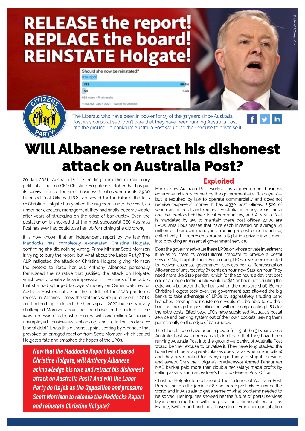 Will Albanese Retract His Dishonest Attack on Australia Post?