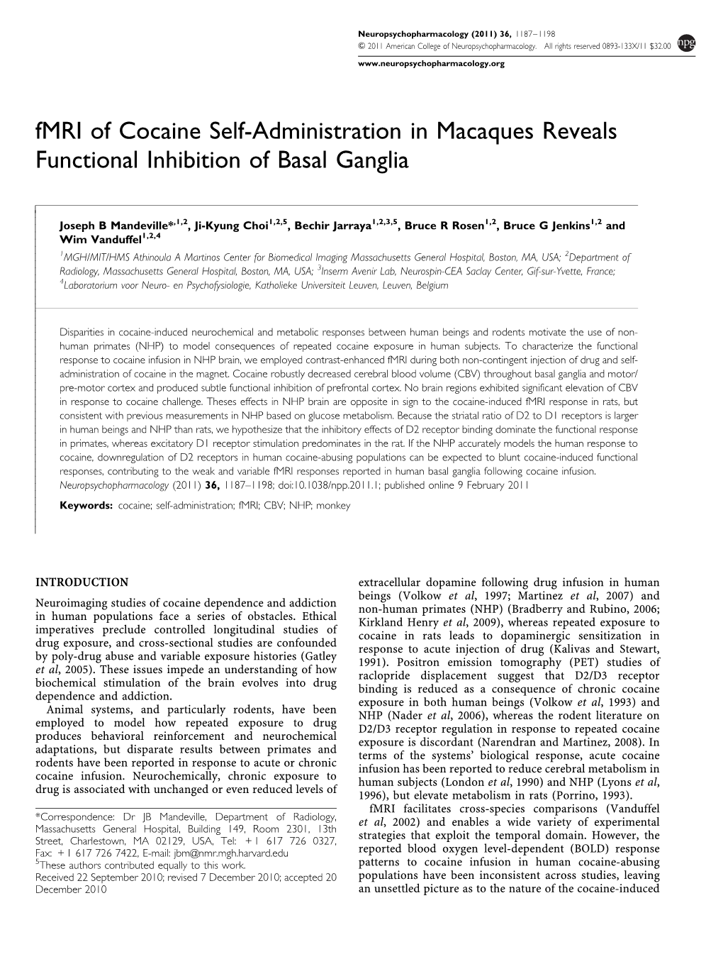 Fmri of Cocaine Self-Administration in Macaques Reveals Functional Inhibition of Basal Ganglia