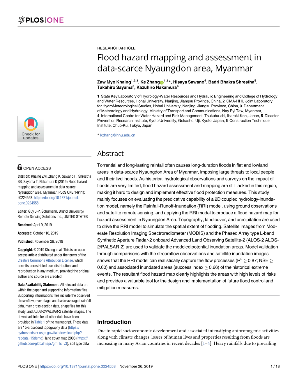 Flood Hazard Mapping and Assessment in Data-Scarce Nyaungdon Area, Myanmar