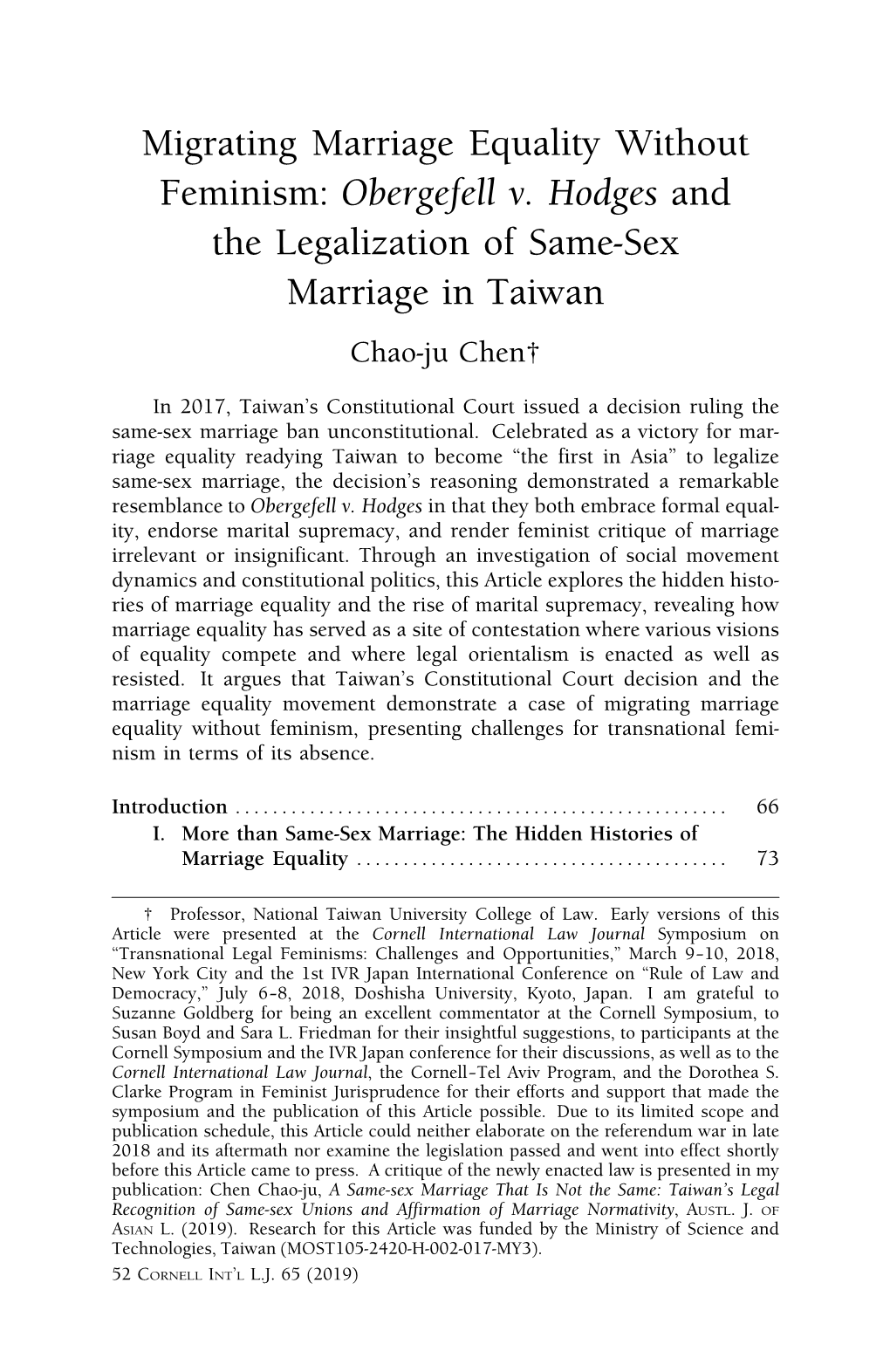 Obergefell V. Hodges and the Legalization of Same-Sex Marriage in Taiwan Chao-Ju Chen†
