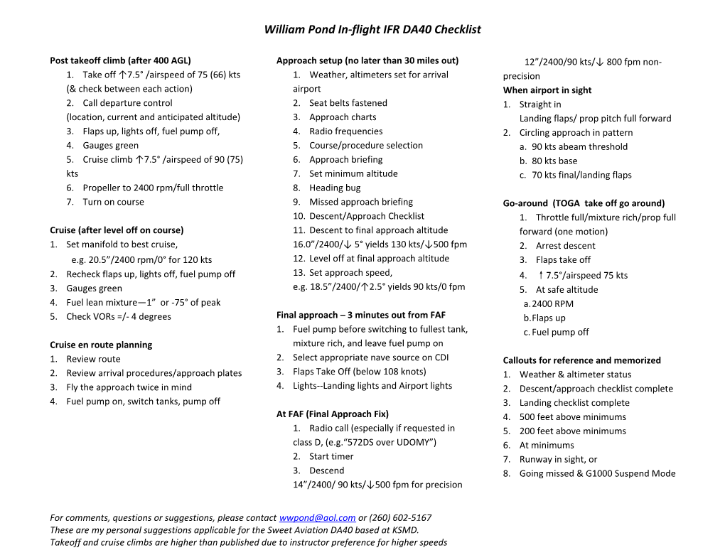 William Pond In-Flight IFR DA40 Checklist