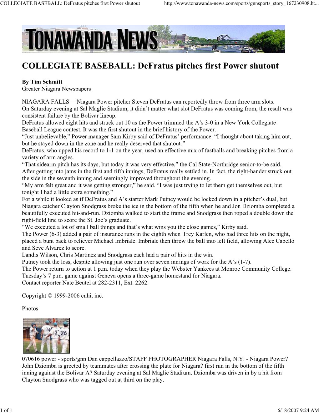 COLLEGIATE BASEBALL: Defratus Pitches First Power Shutout