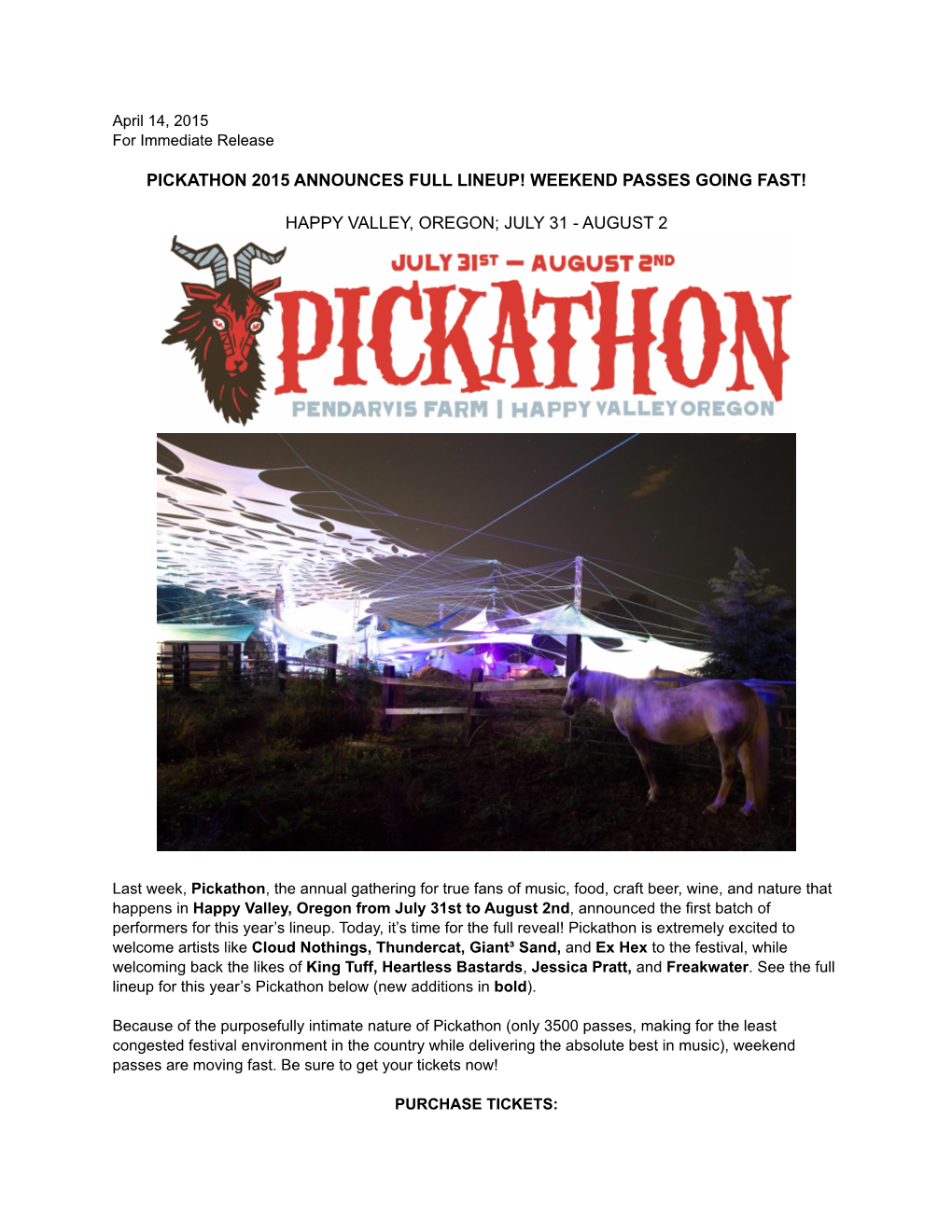 Pickathon 2015 Announces Full Lineup! Weekend Passes Going Fast!