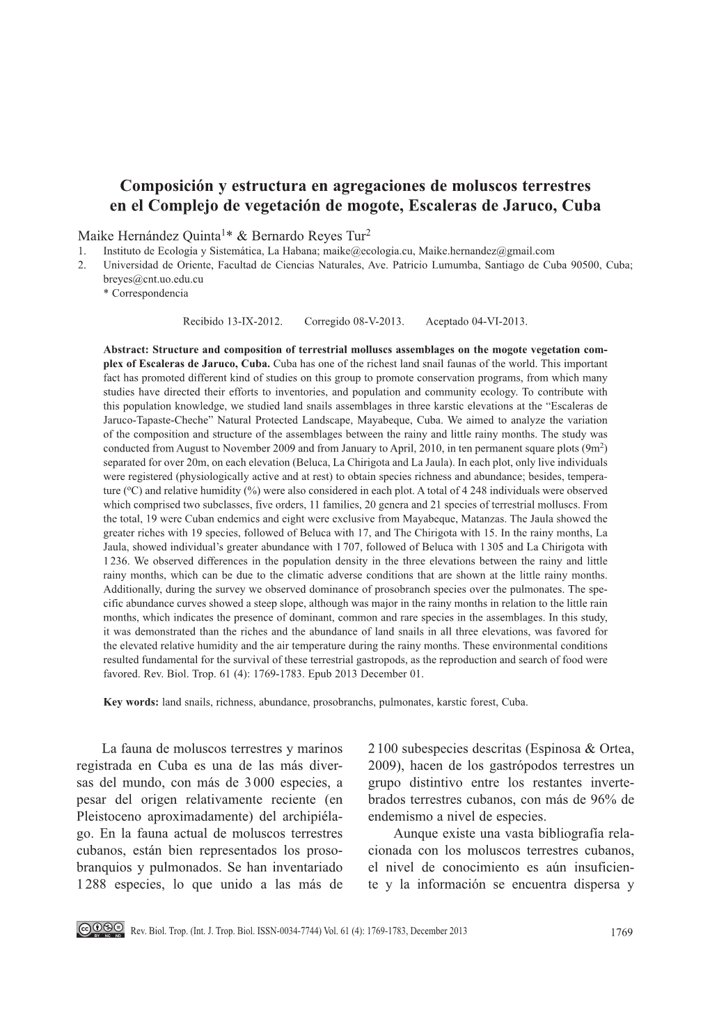 Composición Y Estructura En Agregaciones De Moluscos Terrestres En El Complejo De Vegetación De Mogote, Escaleras De Jaruco, Cuba