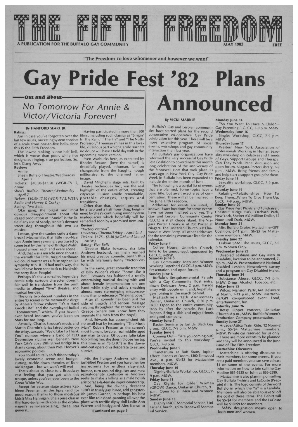 '82 Plans out and About No Tomorrow for Annie & Announced Victor/Victoria Forever! by VICKI MARKLE Monday June 14 "So You Want to Have a Child?— by HANFORD SEARL JR