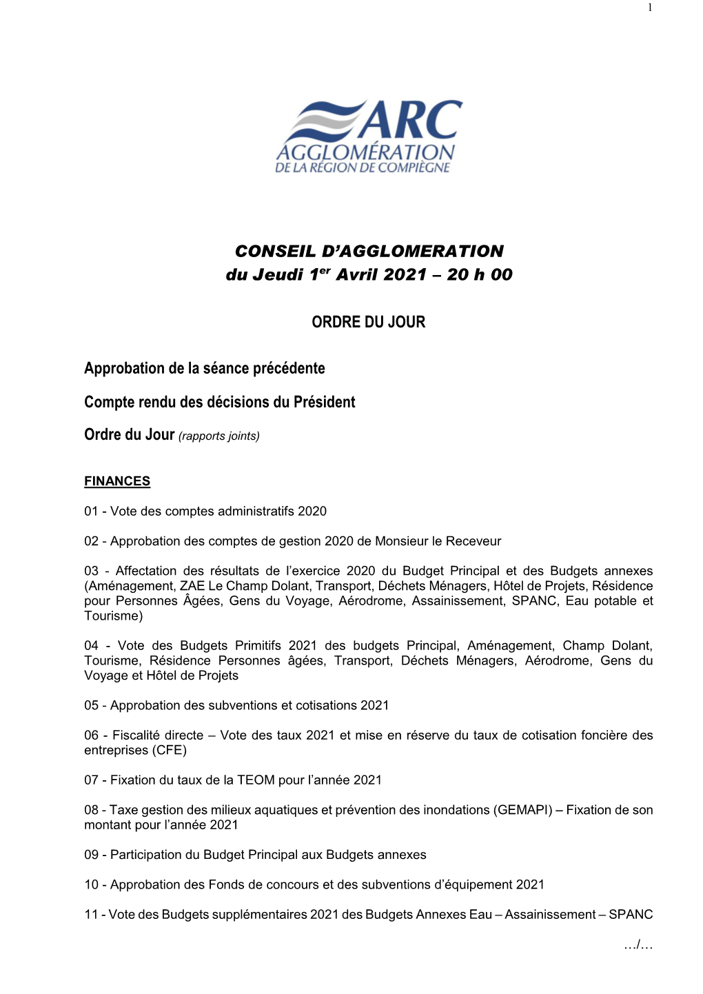 CONSEIL D'agglomeration Du Jeudi 1Er Avril 2021