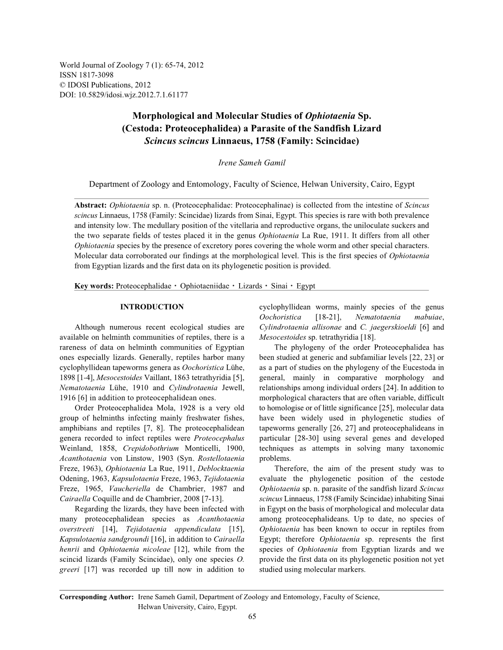 Morphological and Molecular Studies of Ophiotaenia Sp. (Cestoda