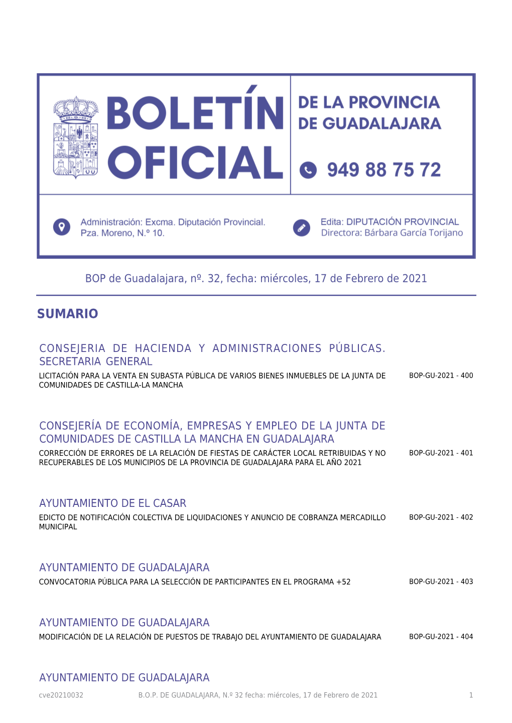 BOP De Guadalajara, Nº. 32, Fecha: Miércoles, 17 De Febrero De 2021