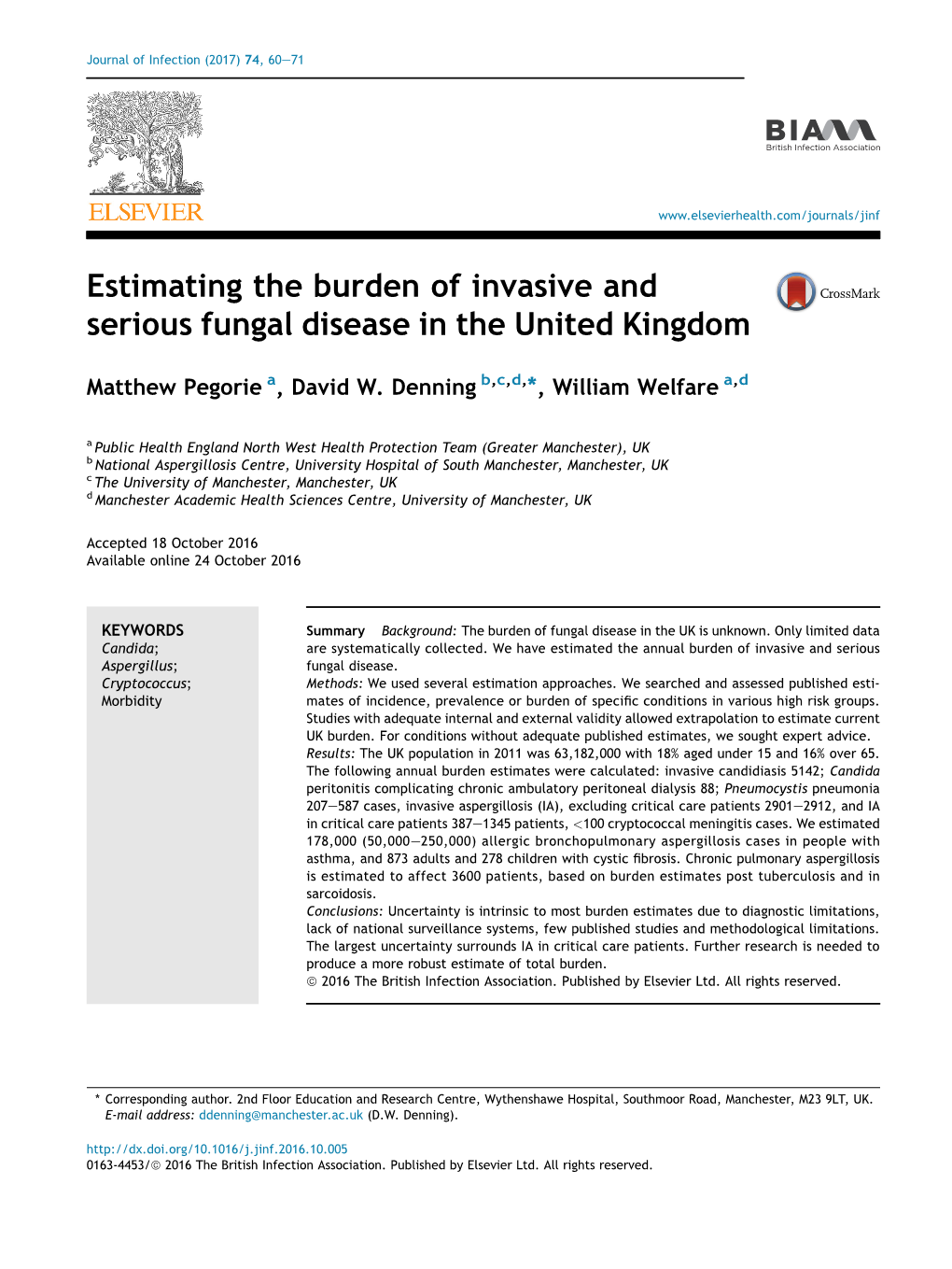 Estimating the Burden of Invasive and Serious Fungal Disease in the United Kingdom