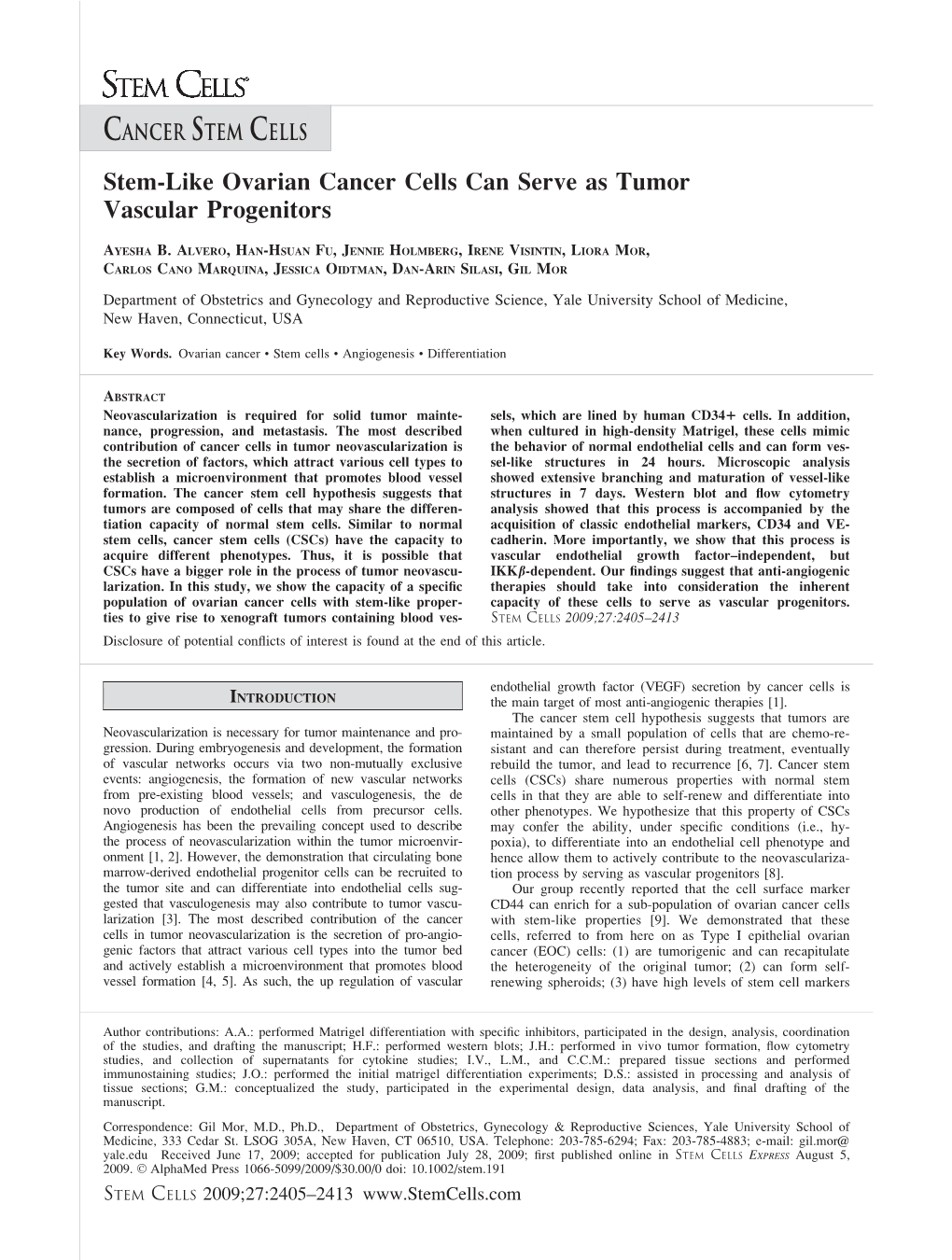 Stem?Like Ovarian Cancer Cells Can Serve As Tumor Vascular Progenitors