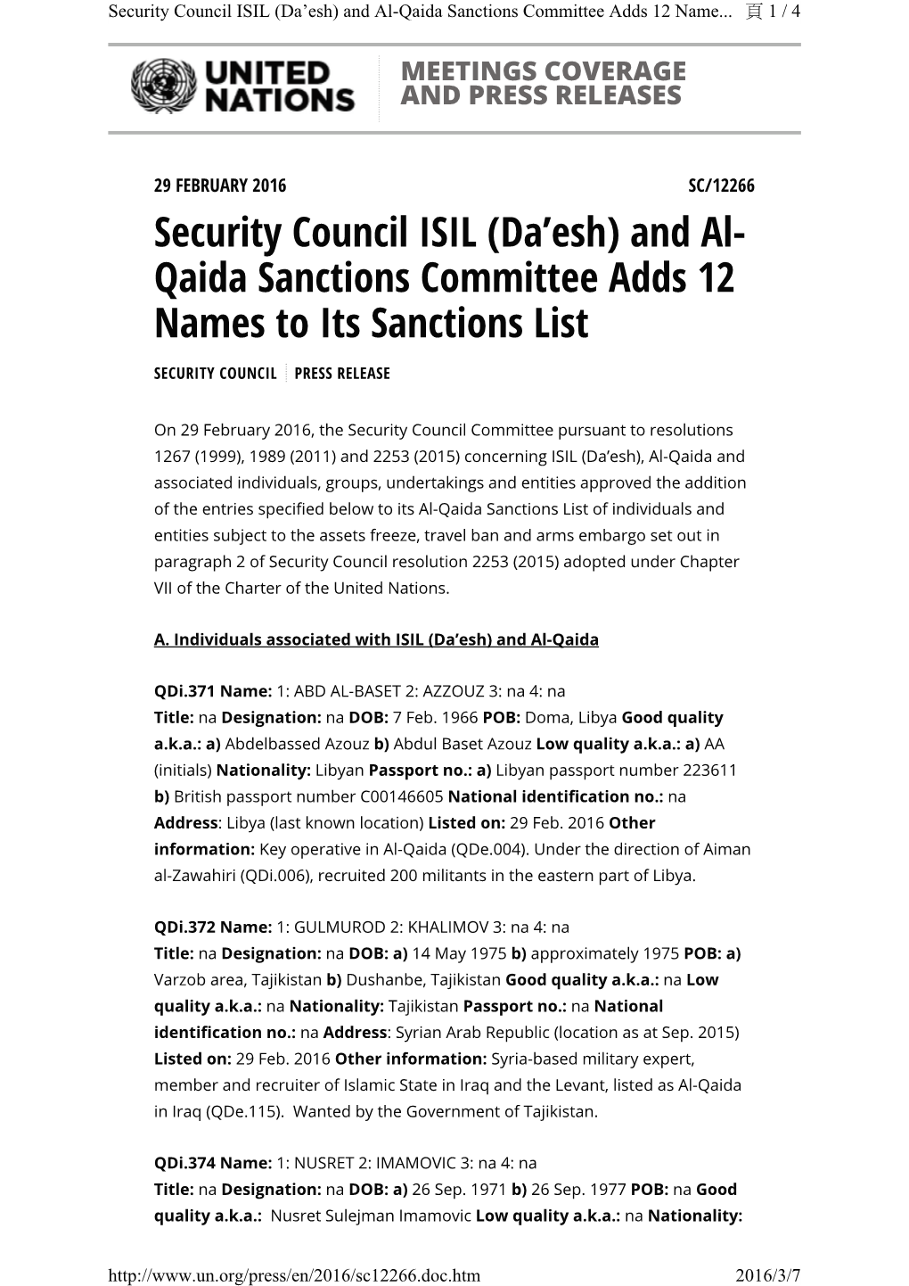 Security Council ISIL (Da'esh) and Al-Qaida Sanctions Committee