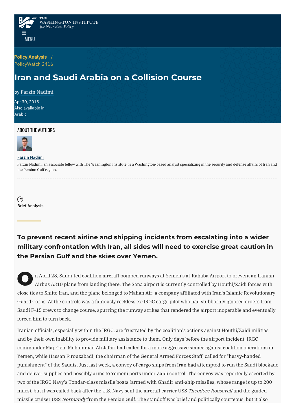 Iran and Saudi Arabia on a Collision Course | the Washington Institute