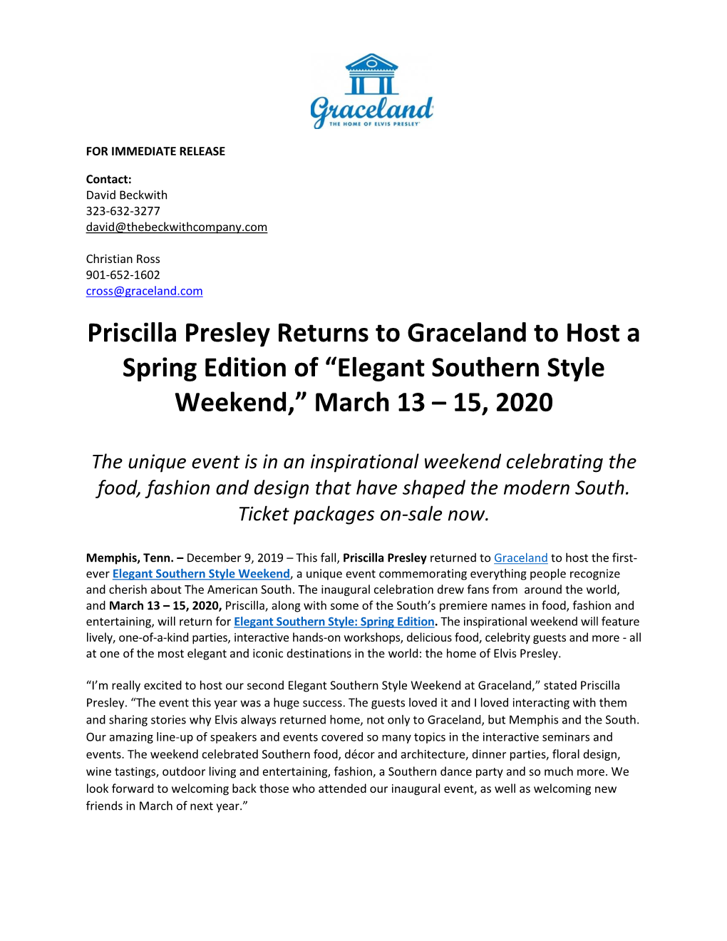 Priscilla Presley Returns to Graceland to Host a Spring Edition of “Elegant Southern Style Weekend,” March 13 – 15, 2020