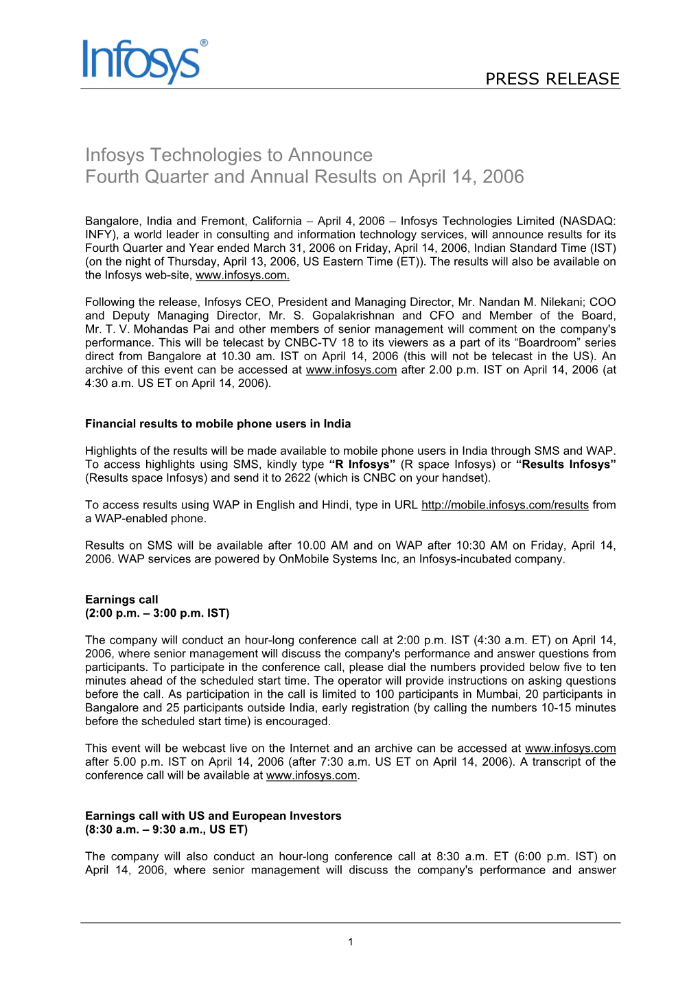 Infosys Technologies to Announce Fourth Quarter and Annual Results on April 14, 2006