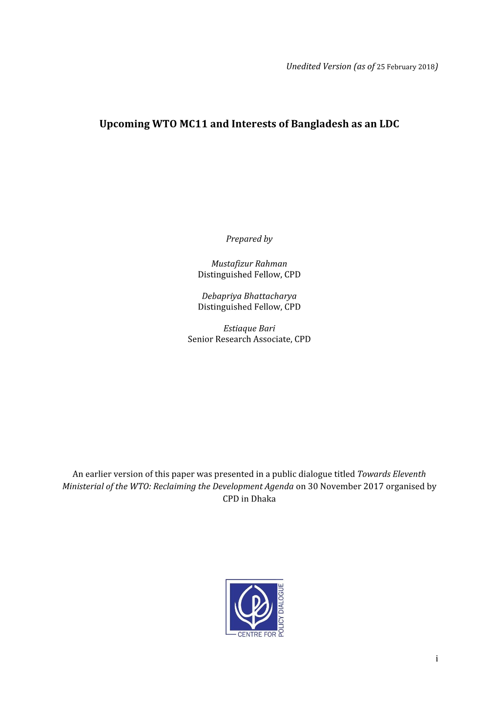 Upcoming WTO MC11 and Interests of Bangladesh As an LDC