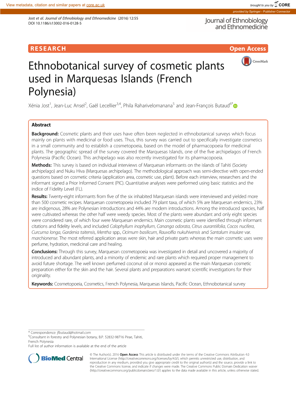 Ethnobotanical Survey of Cosmetic Plants Used in Marquesas Islands