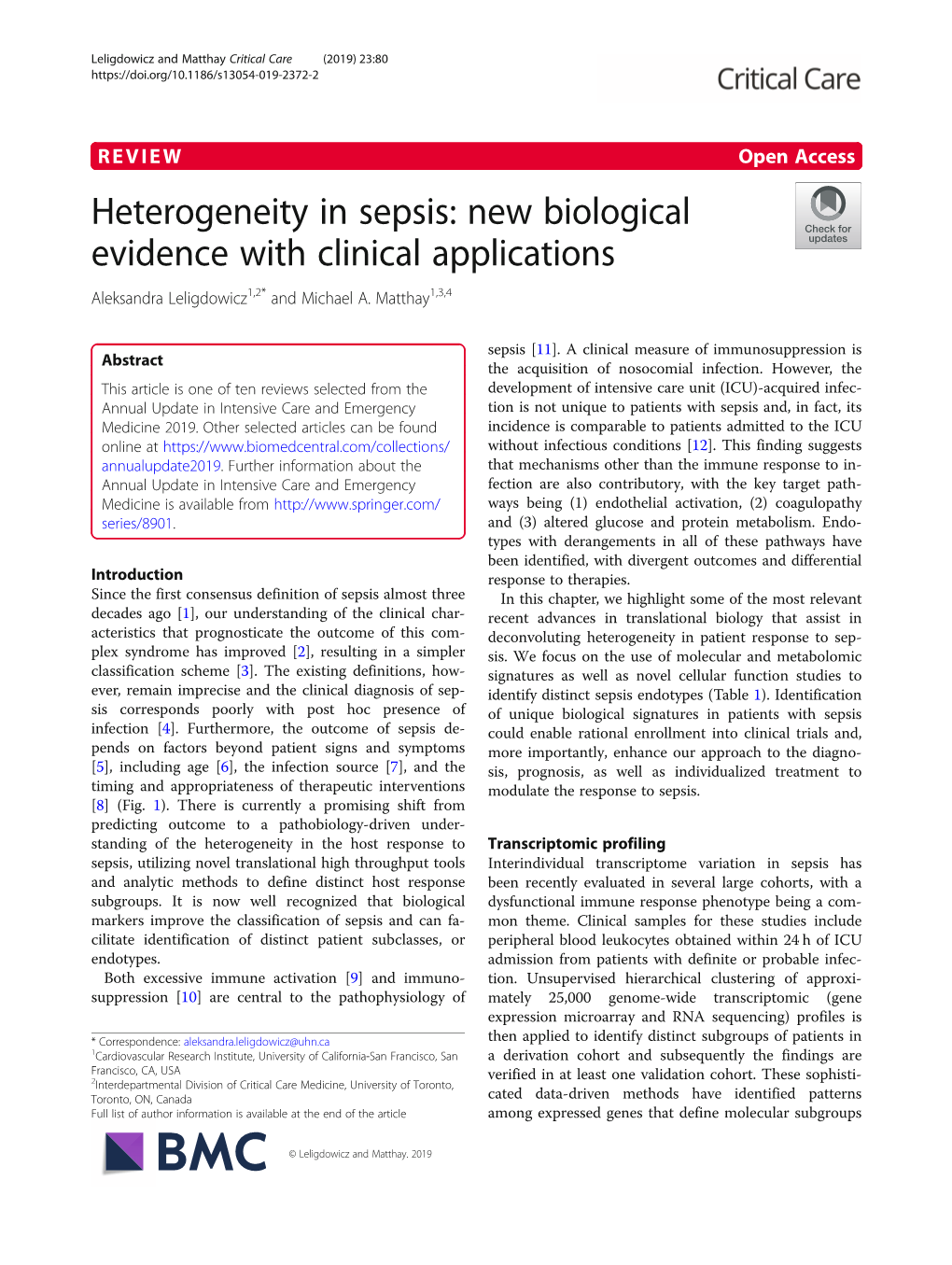 Heterogeneity in Sepsis: New Biological Evidence with Clinical Applications Aleksandra Leligdowicz1,2* and Michael A