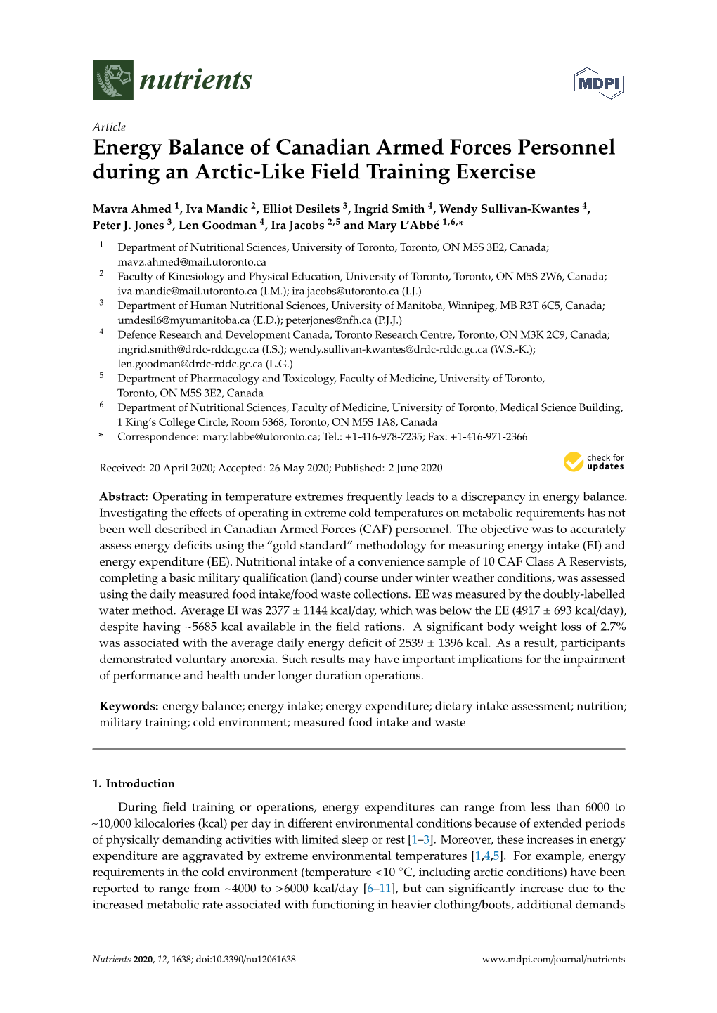 Energy Balance of Canadian Armed Forces Personnel During an Arctic-Like Field Training Exercise