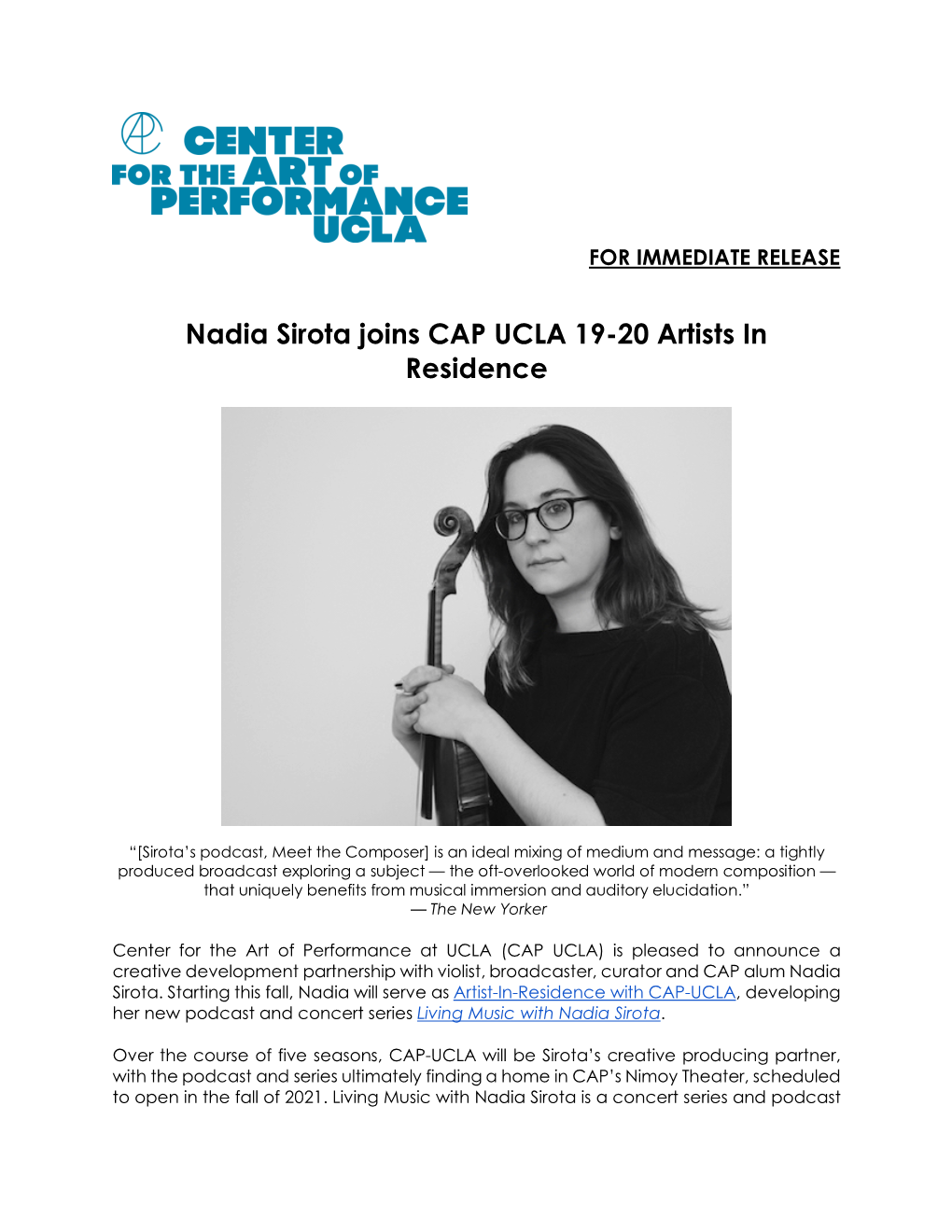 Nadia Sirota Joins CAP UCLA 19-20 Artists in Residence