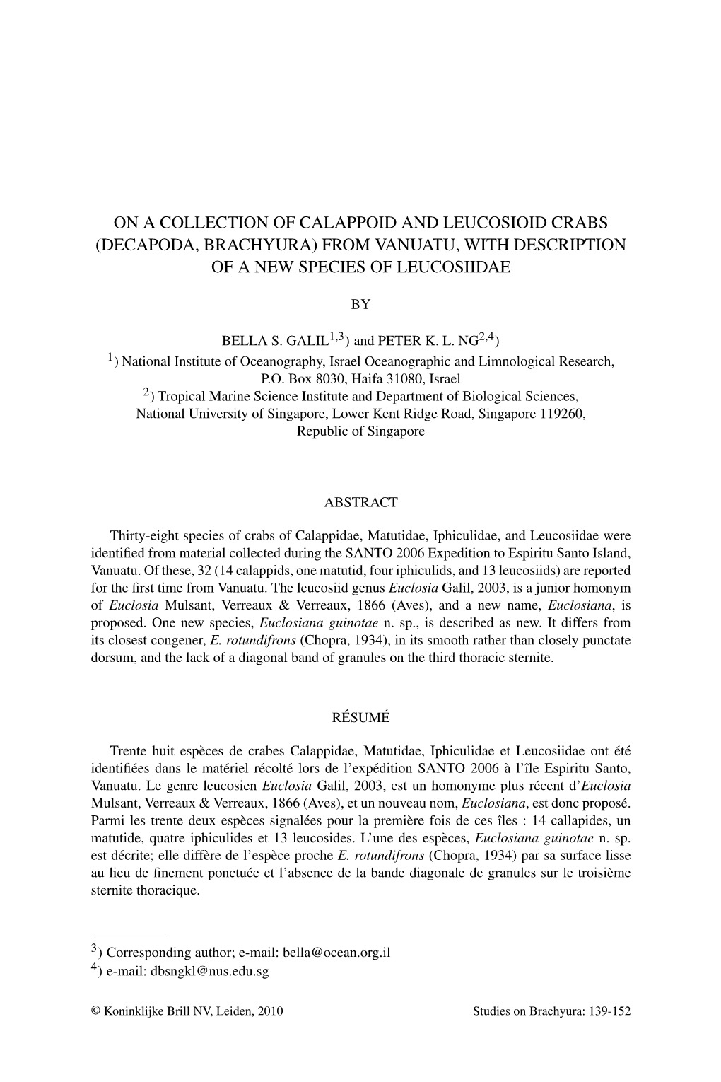 On a Collection of Calappoid and Leucosioid Crabs (Decapoda, Brachyura) from Vanuatu, with Description of a New Species of Leucosiidae