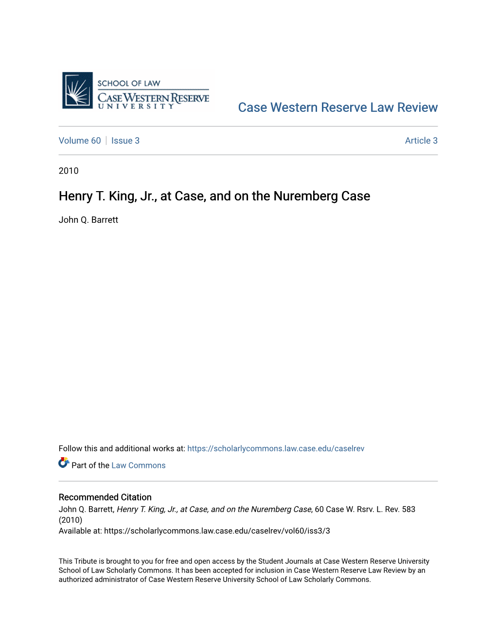 Henry T. King, Jr., at Case, and on the Nuremberg Case