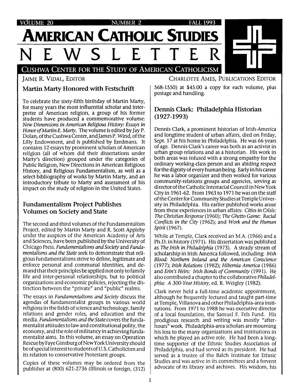 Newsletter Cushwa Center for the Study of American Catholicism Jaime R