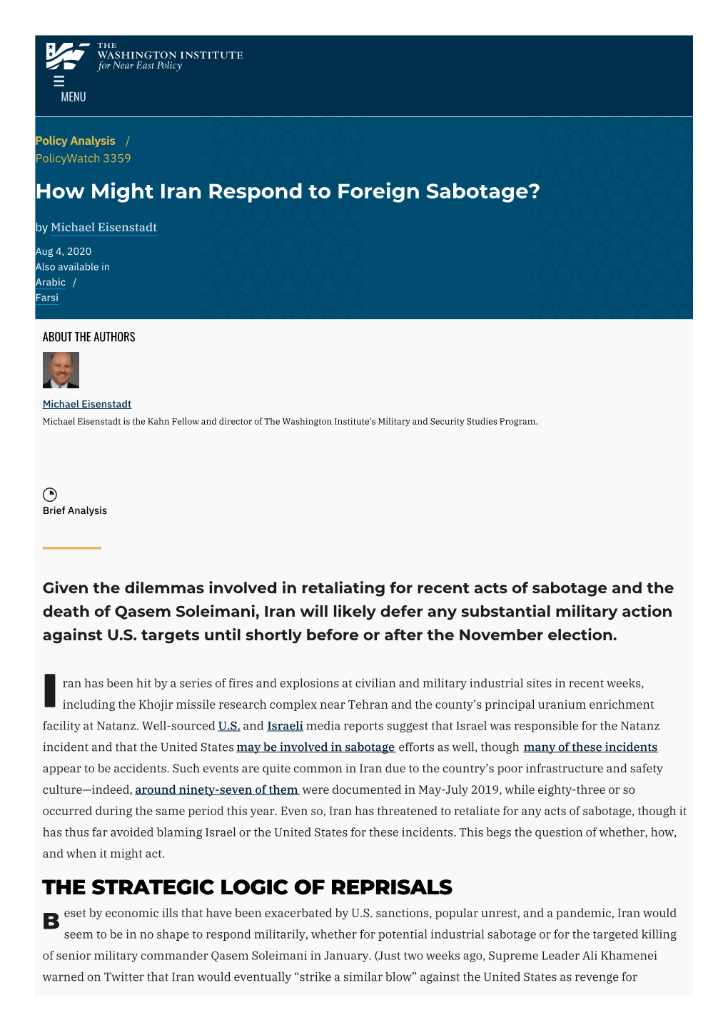 How Might Iran Respond to Foreign Sabotage? | the Washington Institute