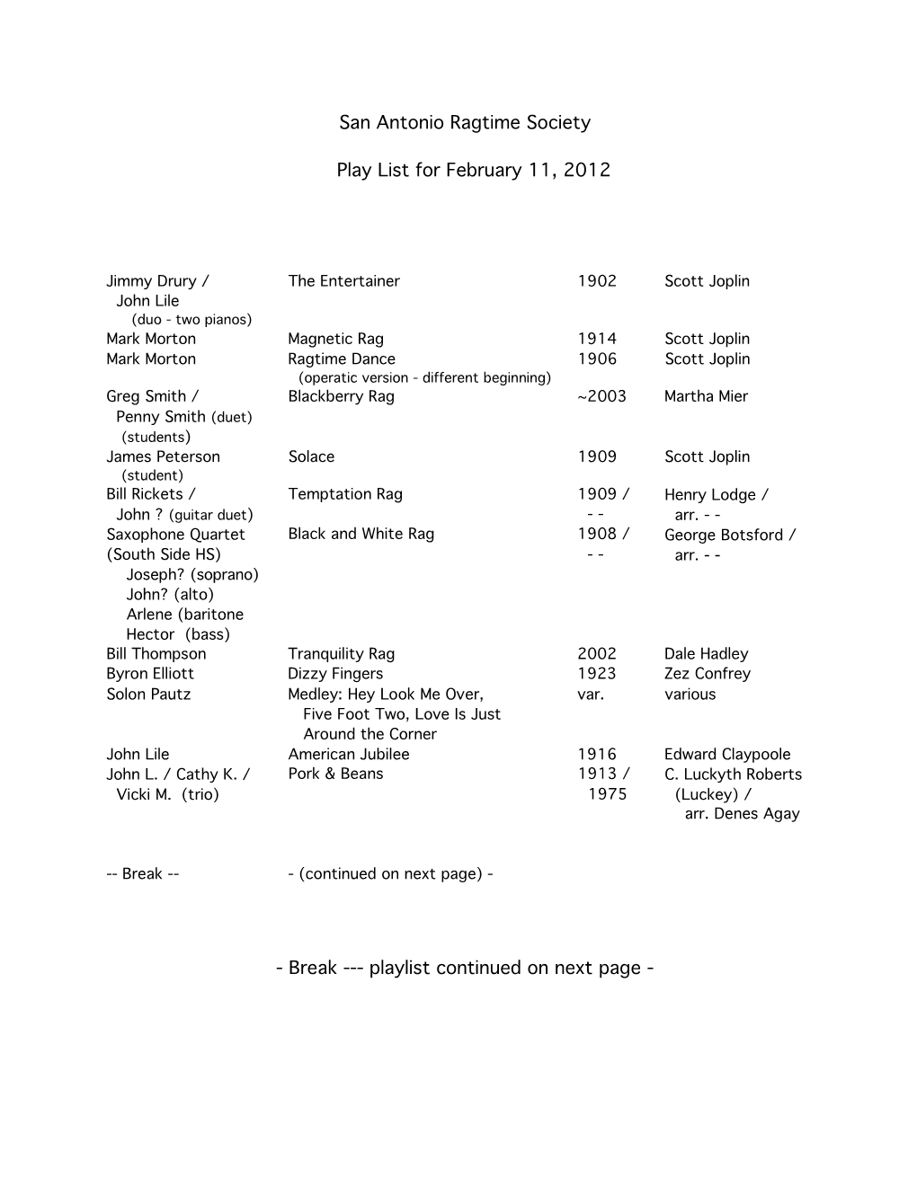 San Antonio Ragtime Society Play List for February 11, 2012
