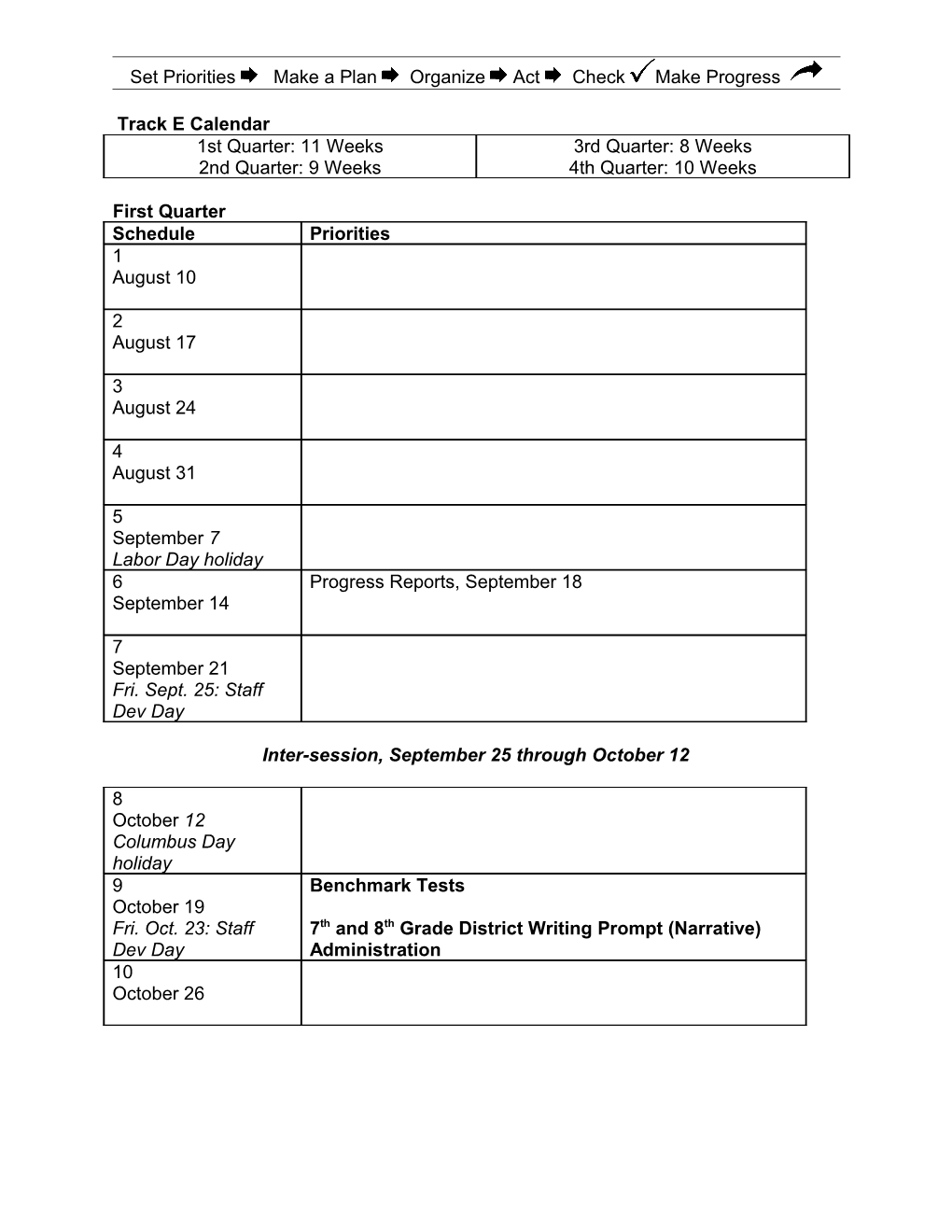 Calendar of Weeks for Track E and Standard Calendar