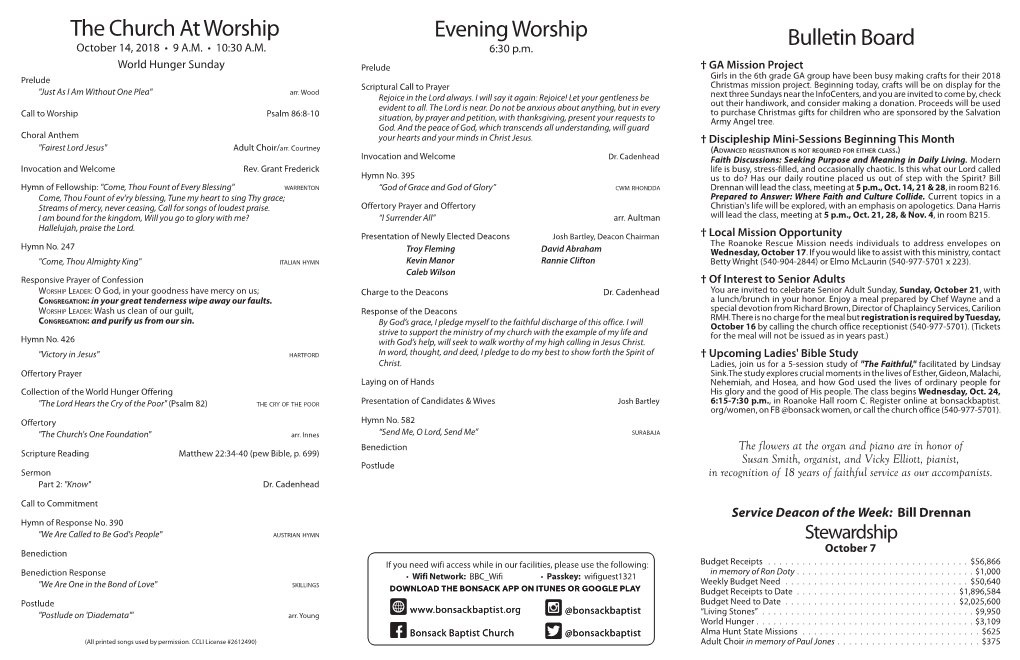 Bulletin Board the Church at Worship Evening Worship