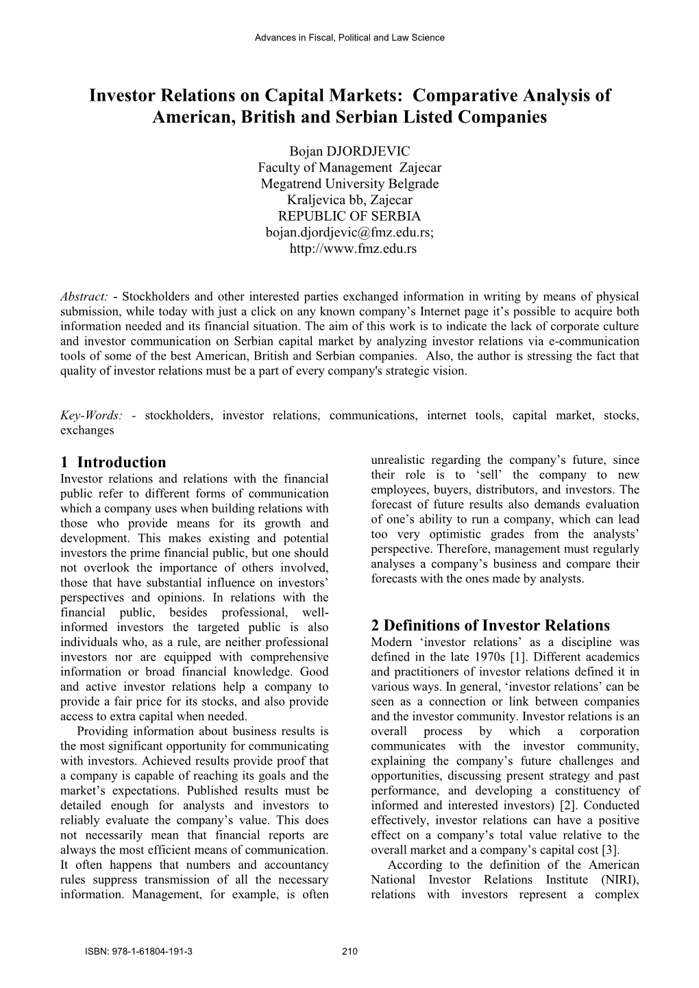 Investor Relations on Capital Markets: Comparative Analysis of American, British and Serbian Listed Companies