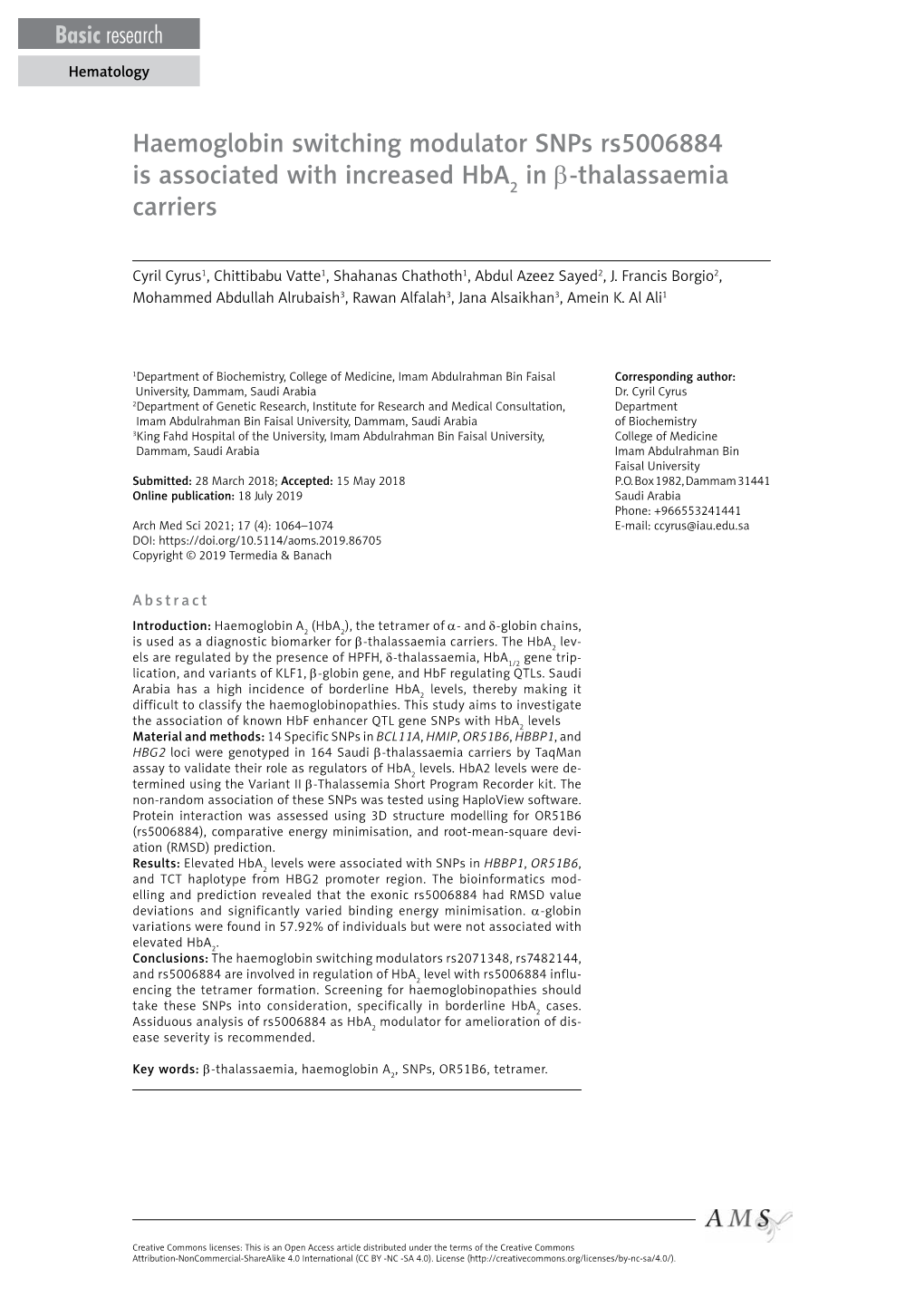 Haemoglobin Switching Modulator Snps Rs5006884 Is Associated with Increased Hba in Β-Thalassaemia Carriers