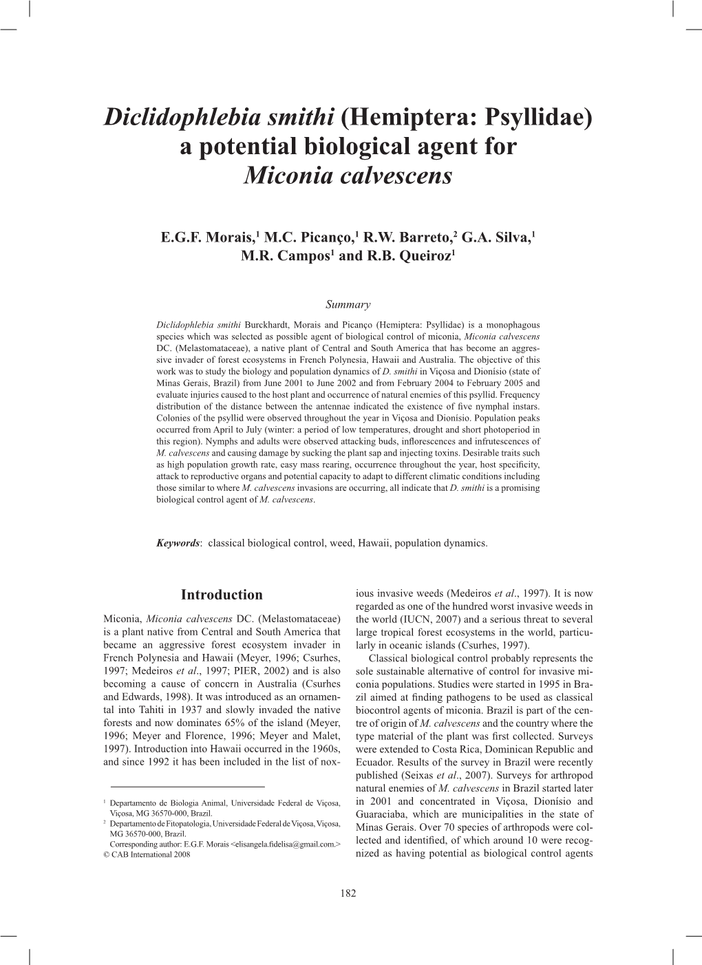 (Hemiptera: Psyllidae) a Potential Biological Agent for Miconia Calvescens