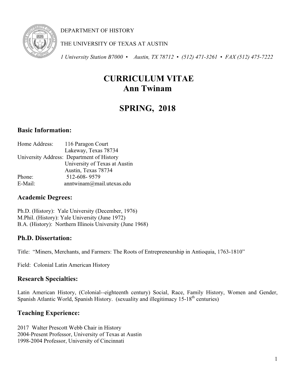 CURRICULUM VITAE Ann Twinam SPRING, 2018