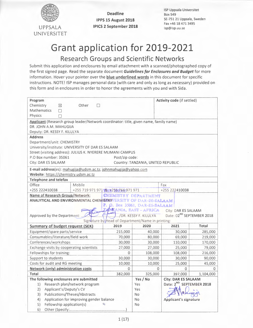 Grant Application for 2019-2021