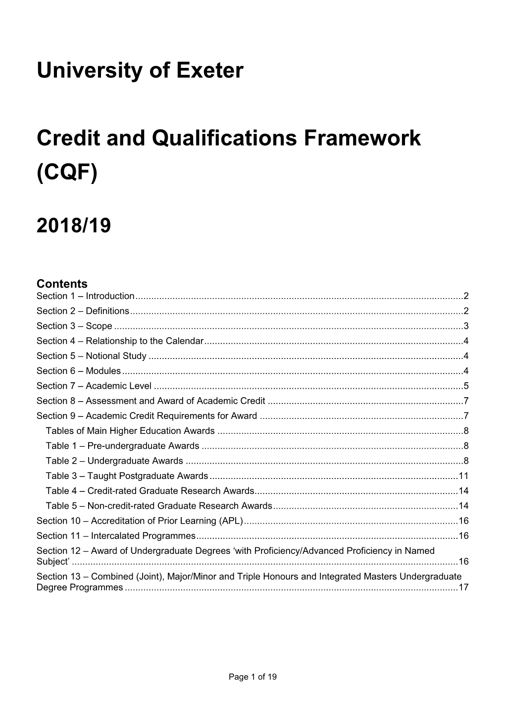 University of Exeter Credit and Qualifications Framework (CQF)