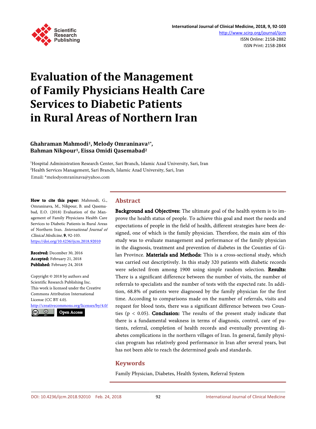 Evaluation of the Management of Family Physicians Health Care Services to Diabetic Patients in Rural Areas of Northern Iran