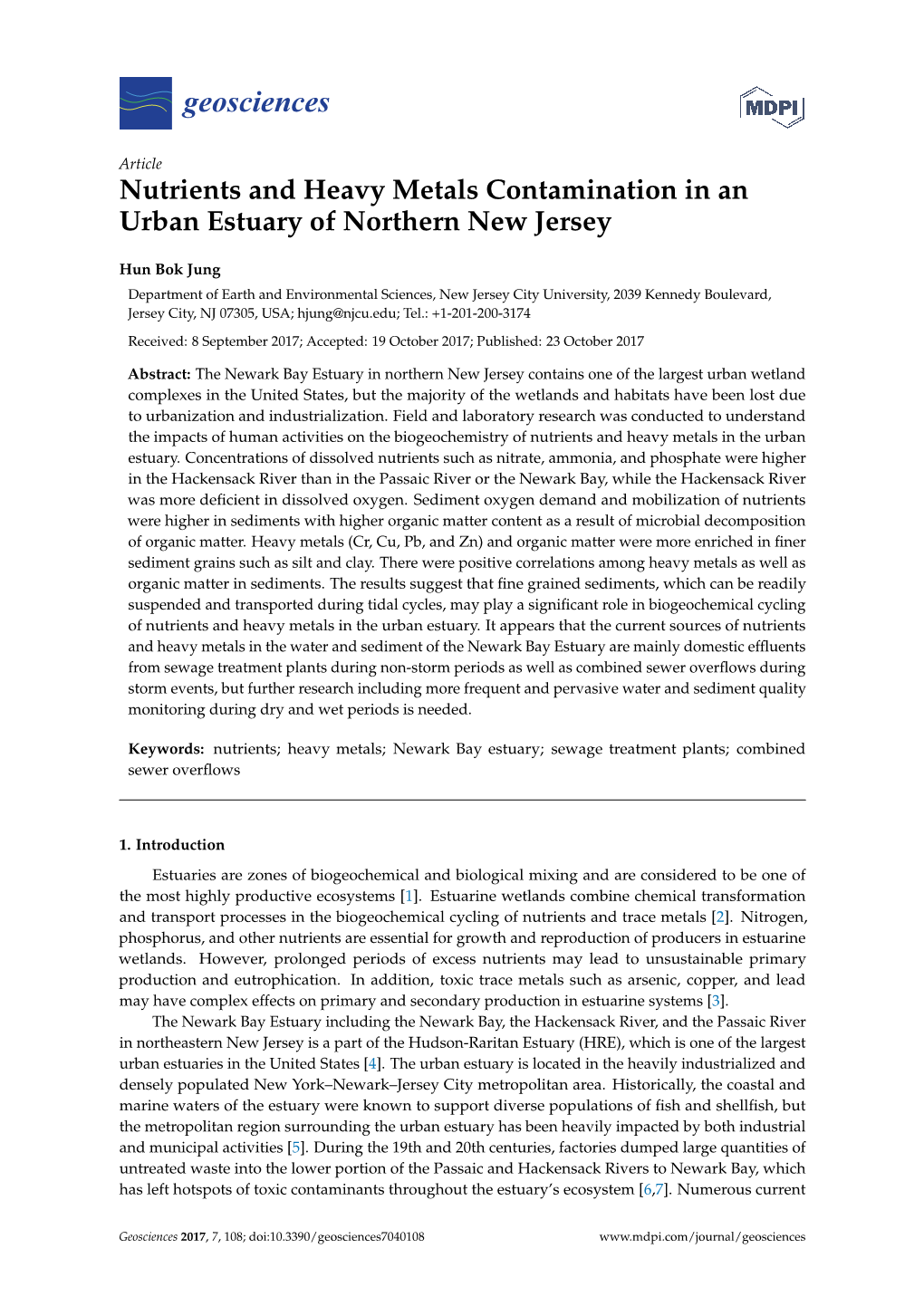 Nutrients and Heavy Metals Contamination in an Urban Estuary of Northern New Jersey