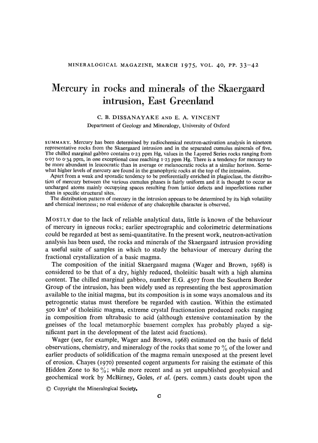 Mercury in Rocks and Minerals of the Skaergaard Intrusion, East Greenland