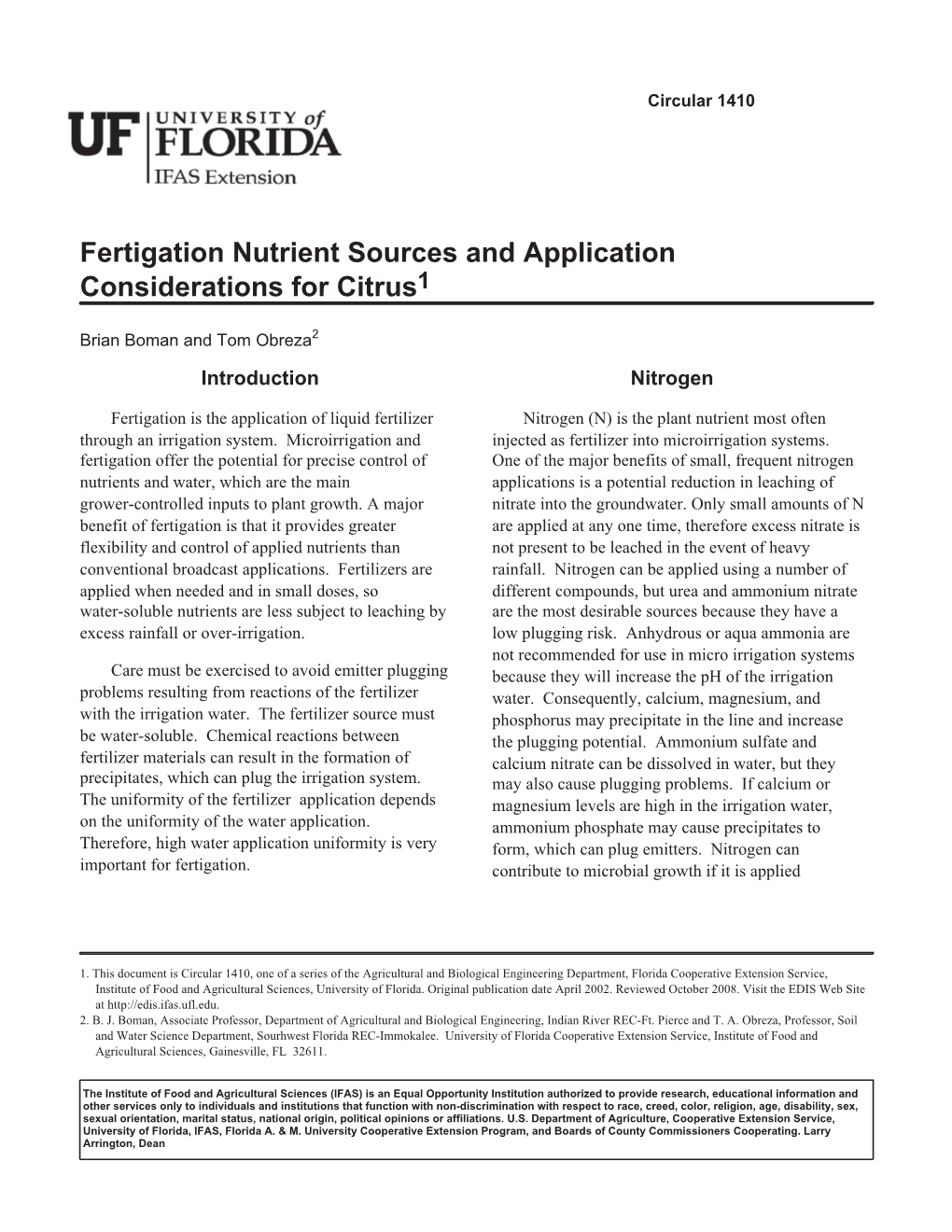 Fertigation Nutrient Sources and Application Considerations for Citrus1