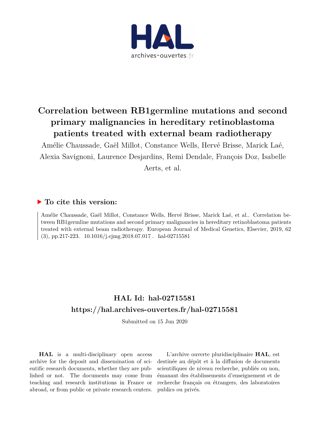 Correlation Between Rb1germline Mutations and Second Primary Malignancies in Hereditary Retinoblastoma Patients Treated With