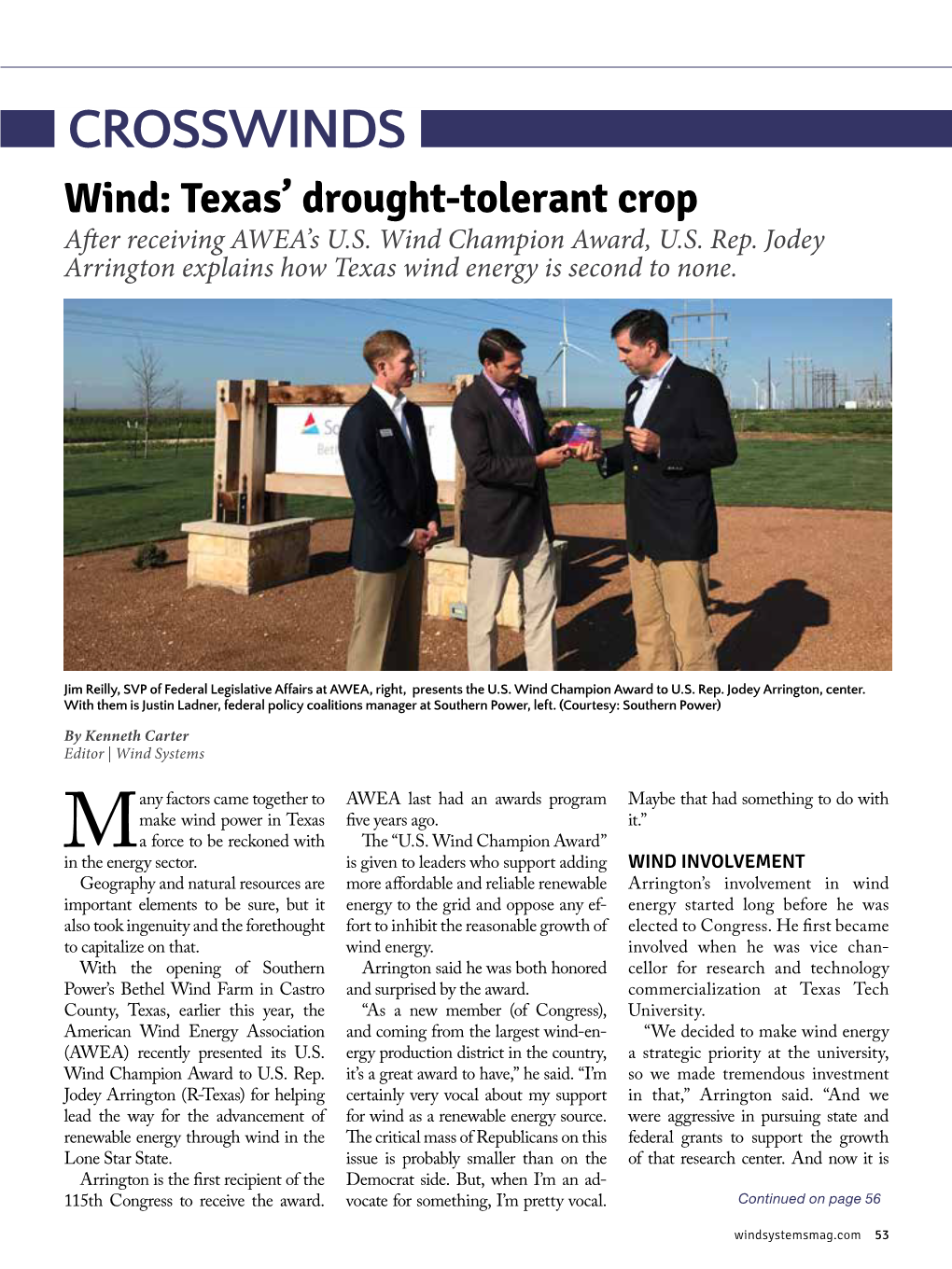 CROSSWINDS Wind: Texas’ Drought-Tolerant Crop After Receiving AWEA’S U.S
